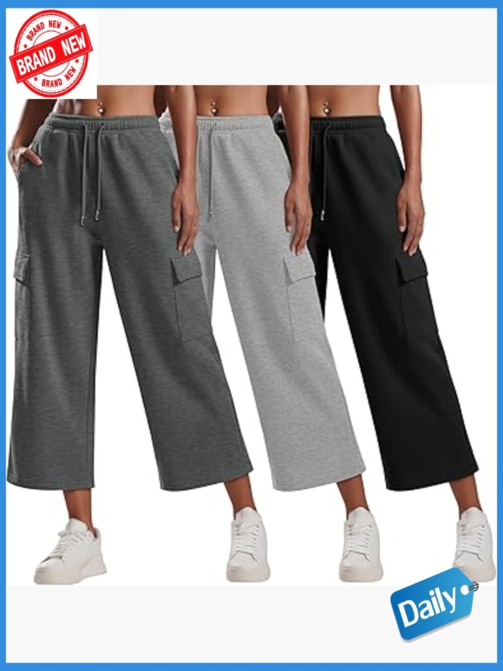 3 Pack Women Cargo Capri Wide Leg Loose Workout Pants with Pockets